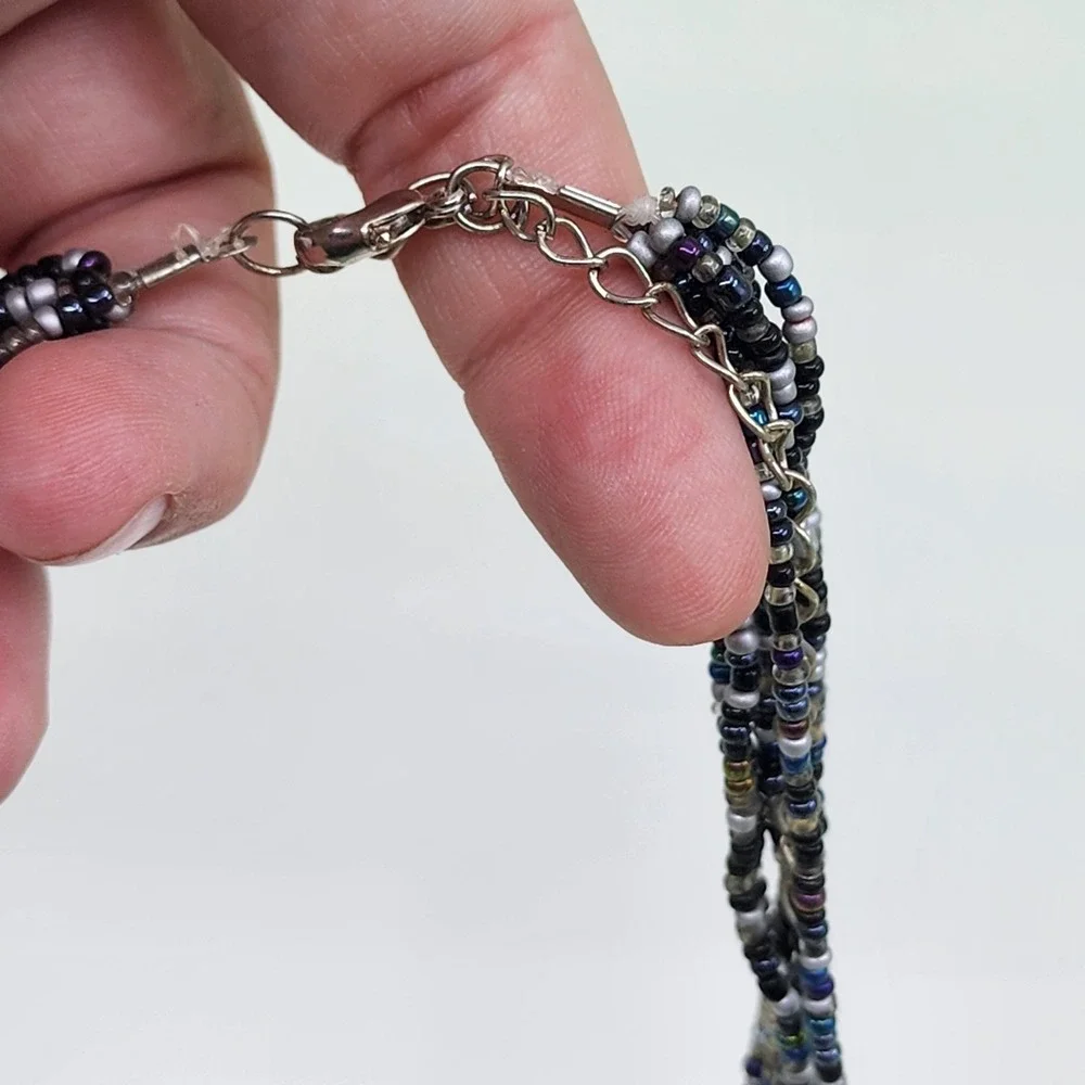 Multi Strand Black Seed Bead Necklace Gray Faux Pearl Boho Statement Layered